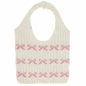 Coquette Pink Bow Crochet Tote Slouchy Cream Knit Shoulder Bag Beachy Y2K Brandy